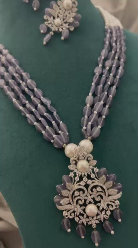 Pearl & Grey Beads Diamond Look Necklace Set – Bridal Party Wear Jewellery